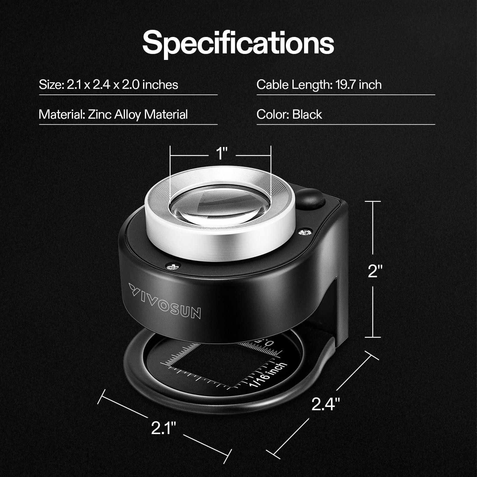 VIVOSUN 30X Rechargeable Loupe Magnifier with White LED Light and UV Light, Portable Magnifying Glass with Optical Glass Lens & Scale for Jewelry, Textile, Gems, Stamps, Coins and Plants