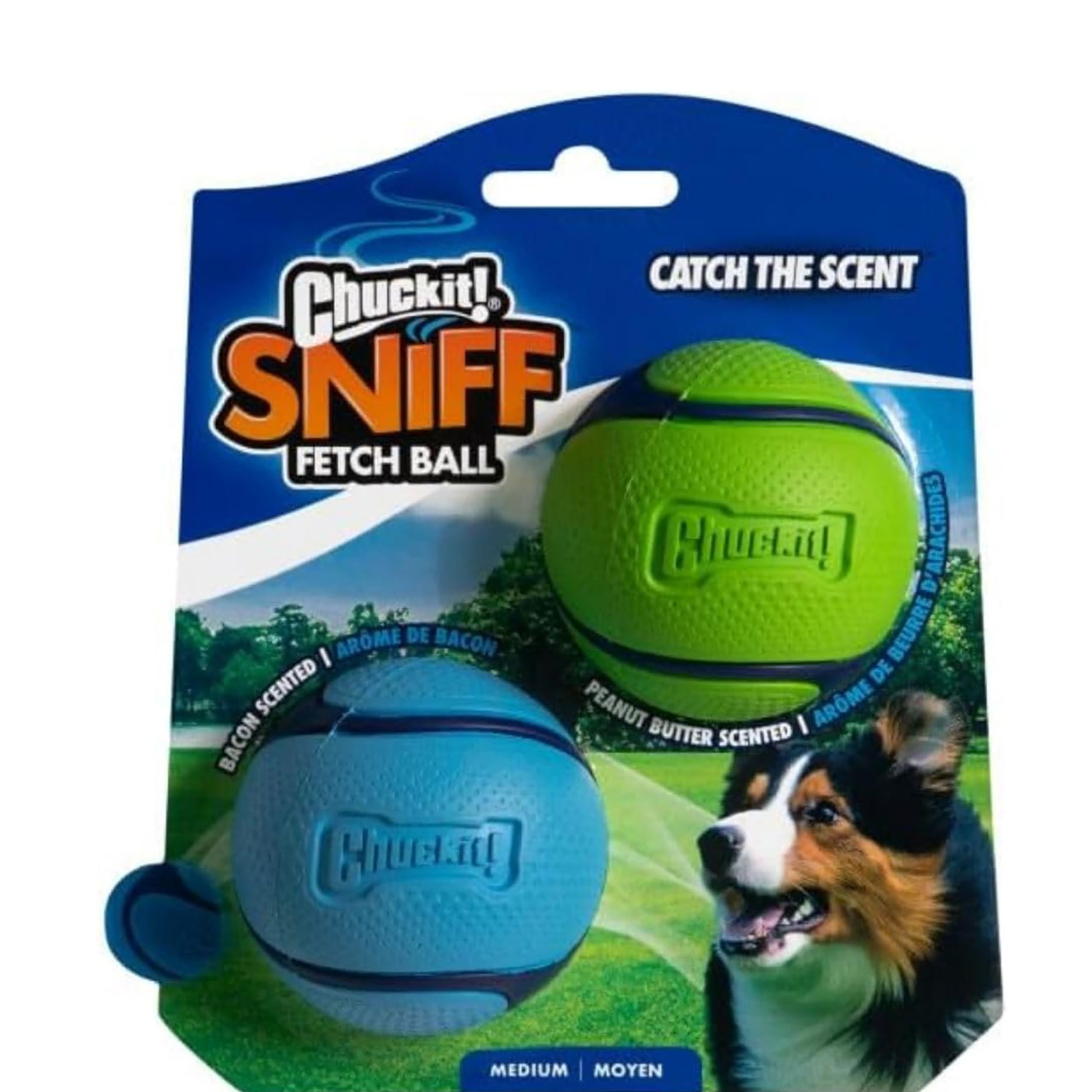 Chuckit! Sniff Duo– Peanut Butter & Bacon Scented Dog Fetch Balls, Durable Rubber Interactive Toy, Compatible with Launcher, Medium (Pack of 2)