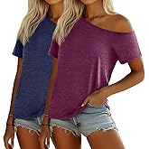 Riyiper 2 Pack Women's Off The Shoulder Tops, Short Bat Wing Sleeve Off Shoulder Shirts Casual Summer Loose Tunics Tee Blouse