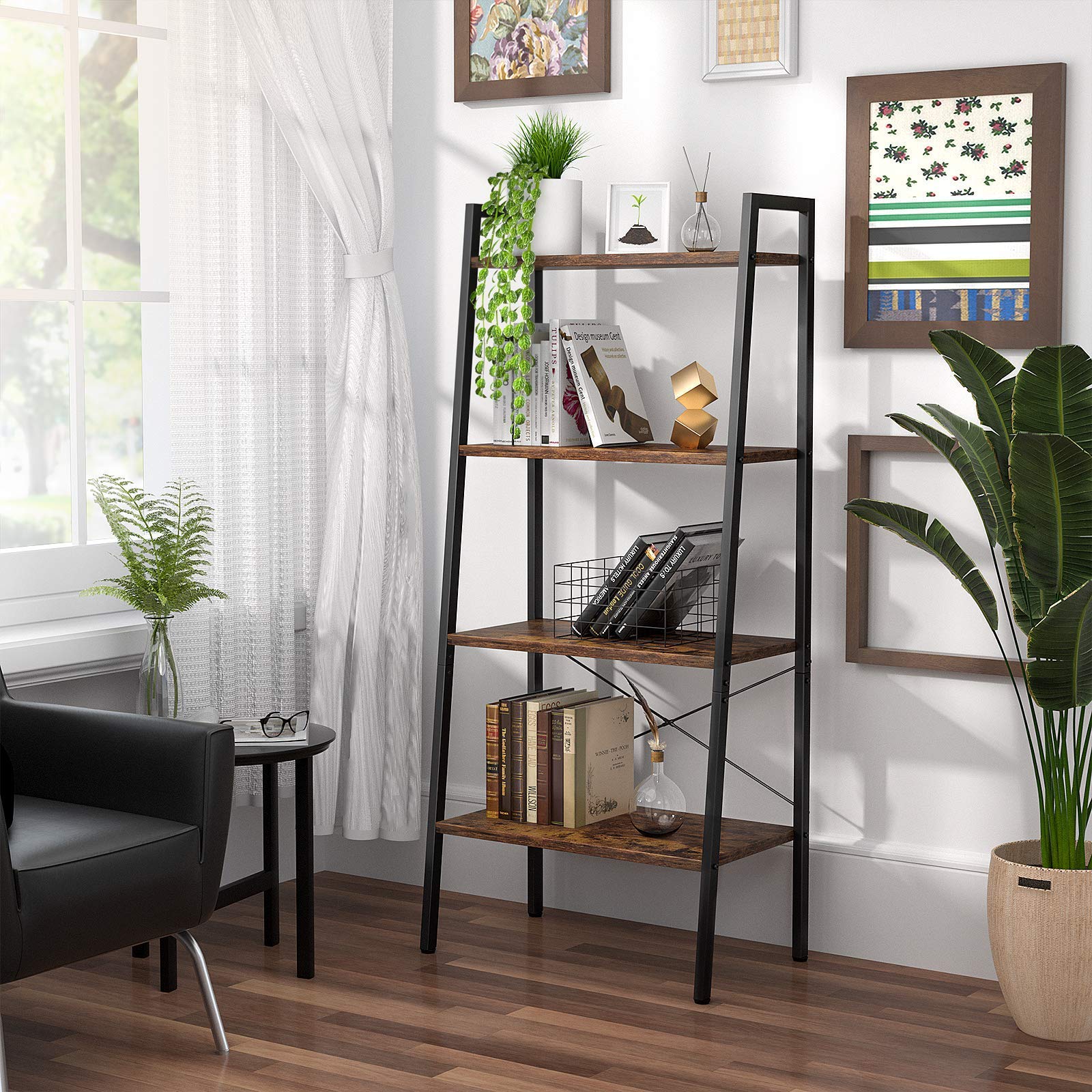 Besiture Ladder Shelf, 4-Tier Ladder Bookshelf, Rustic Storage Shelves for Living Room, Wood Shelving Unit with Steel Frame, Industrial Bookcase Display Shelf for Bedroom, Office