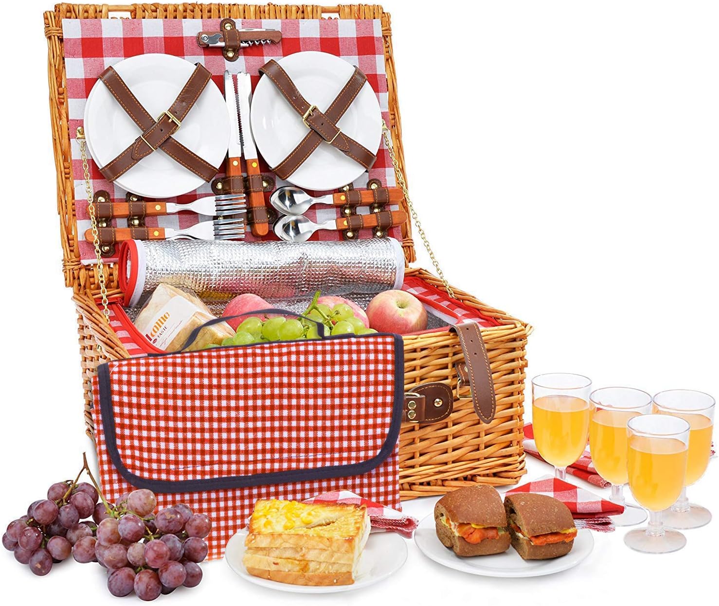 Picnic Basket Set for 4 Person Set Includes Waterproof Picnic Blanket Insulated Red Picnic Hamper Set with Lid | Complete Picnic Table Set | Large Wicker Basket with Handle | Food Storage Baskets