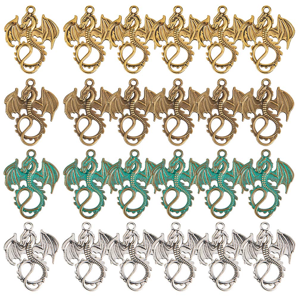 SUNNYCLUE 1 Box 24pcs 6 Styles Dragon Charms Pendants Alloy Flying Dragon Key Ring for Jewellery Necklace Bracelet Making Accessory, 35mm Dragons Gothic Pendants Charms for Women Men Halloween Party