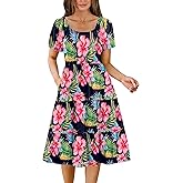 Zeagoo Women's Summer Dress Casual Puff Sleeve Square Neck Midi Dresses Tiered Beach Vacation A-Line Sundress with Pockets