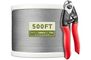 KALLSDY 500FT 1/8" T316 Stainless Steel Cable, Wire Rope Aircraft Cable for Deck Cable Railing Kit and DIY Balustrades, 7x7 Strands Construction, Comes with a Cutter