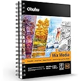 Ohuhu Mix Media Pad, 10"x7.6" Mixed Media Art Sketchbook, 120 lb/200 gsm Heavyweight Papers, 62 Sheets/124 Pages, Spiral Bound Mixed Media Paper Pad for Acrylic, Painting Christmas Gift