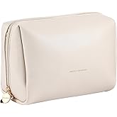 Aveniee Travel Makeup Bag, Large Toiletry Bag for Women, Vegan Leather Travel Pouches Case, Make Up Bag for Travel Essentials Brushes, Cosmetic Bag Purse Organizer with Divider and Gold Zippers(Cream)