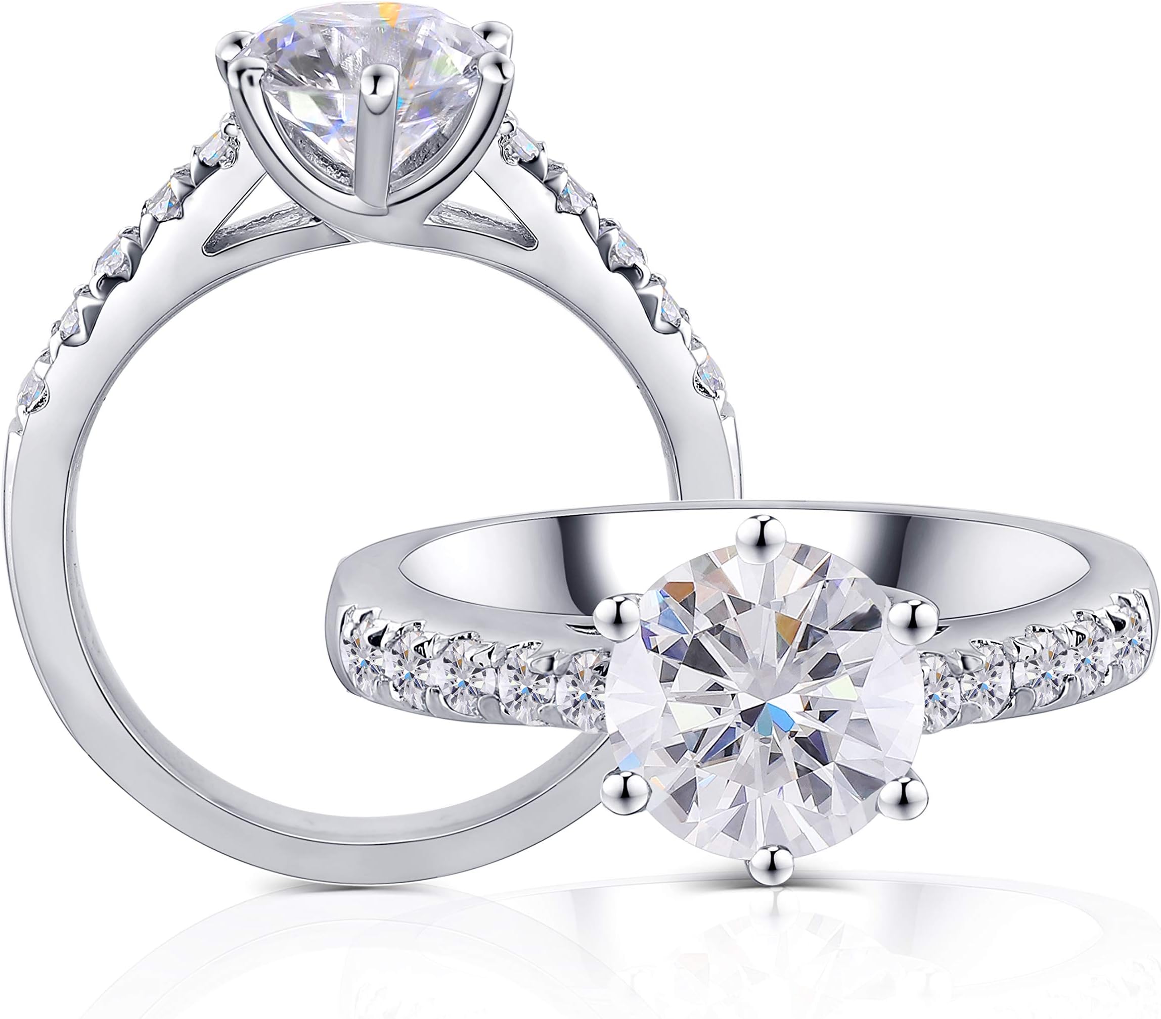 TransGems 2ct Center 8mm H-I Color 2.6mm Width Moissanite Engagement Ring with Accents Platinum Plated Silver