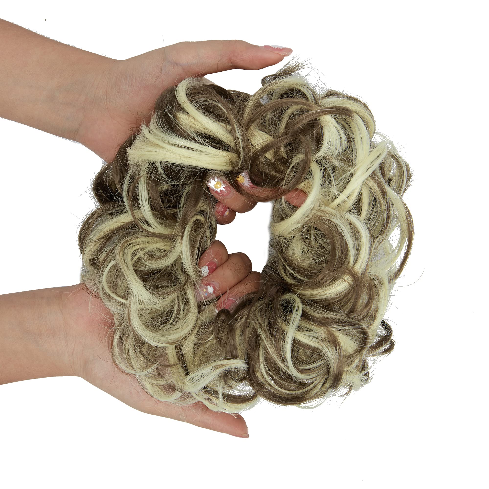 OMGREAT 1Pack Messy Hair Bun Hair Scrunchies Extension Curly Wavy Fake Hair Buns Messy Synthetic Chignon for Women Updo Hairpiece Brown Mix Bleach Blonde