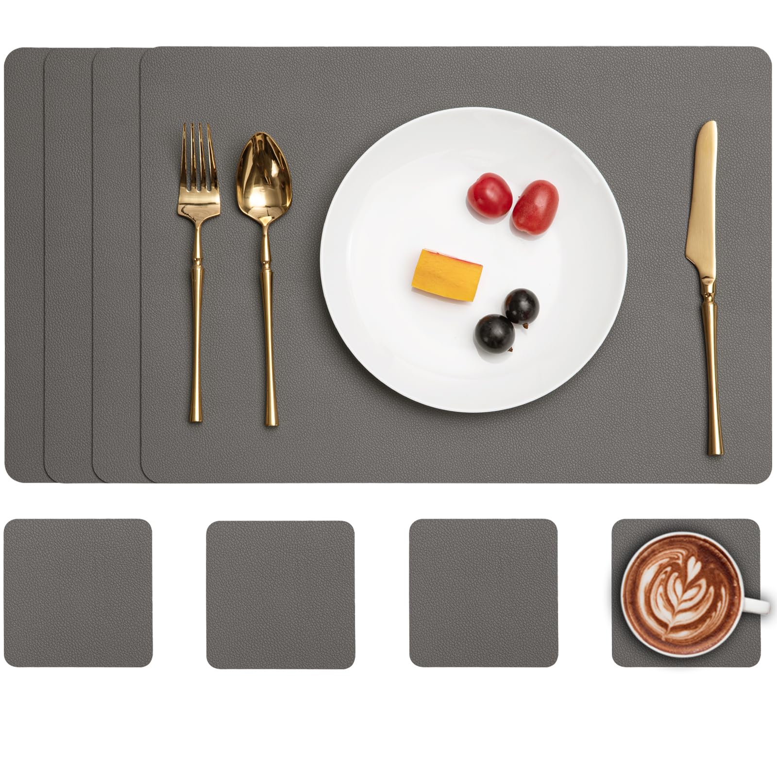 Myir JUN Leather Table Mats and Coasters, Dual-Sided Leather Placemats and Coasters Waterproof Placemats Set of 4 Place Mats Non-Slip Washable Table Mats (Grey Grey, Set of 4)