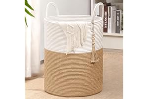 Goodpick Woven Laundry Basket Decorative Blanket Basket for Living Room, Tall Storage Basket for Clothes, Toys, Towels, Wicker Laundry Hamper 16 x 20 Inches, White and Jute