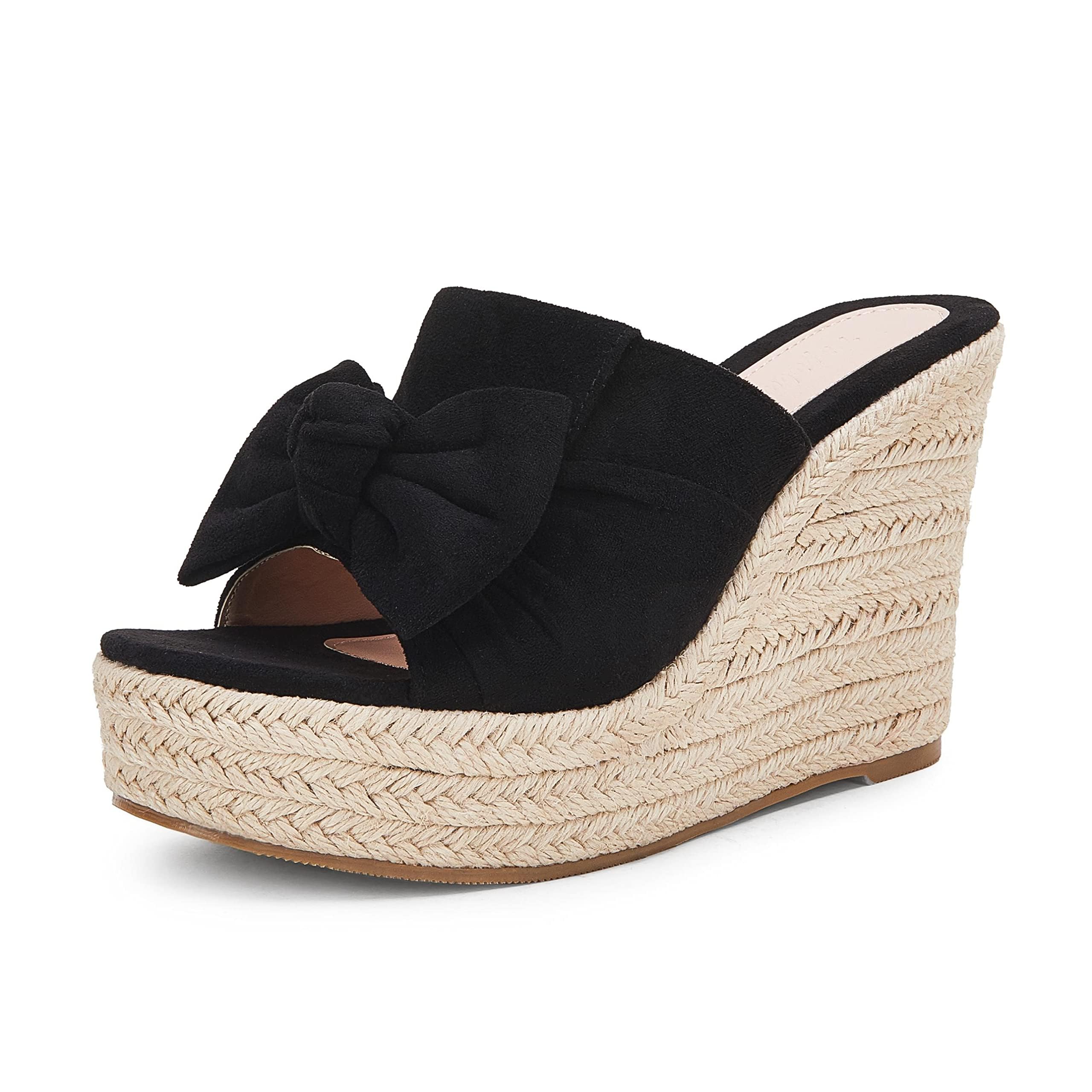 Photo 1 of PiePieBuy Womens Platform Espadrilles Slip On Wedge Sandals Bow Tie Open Toe Slides Shoes, Black, Size 8