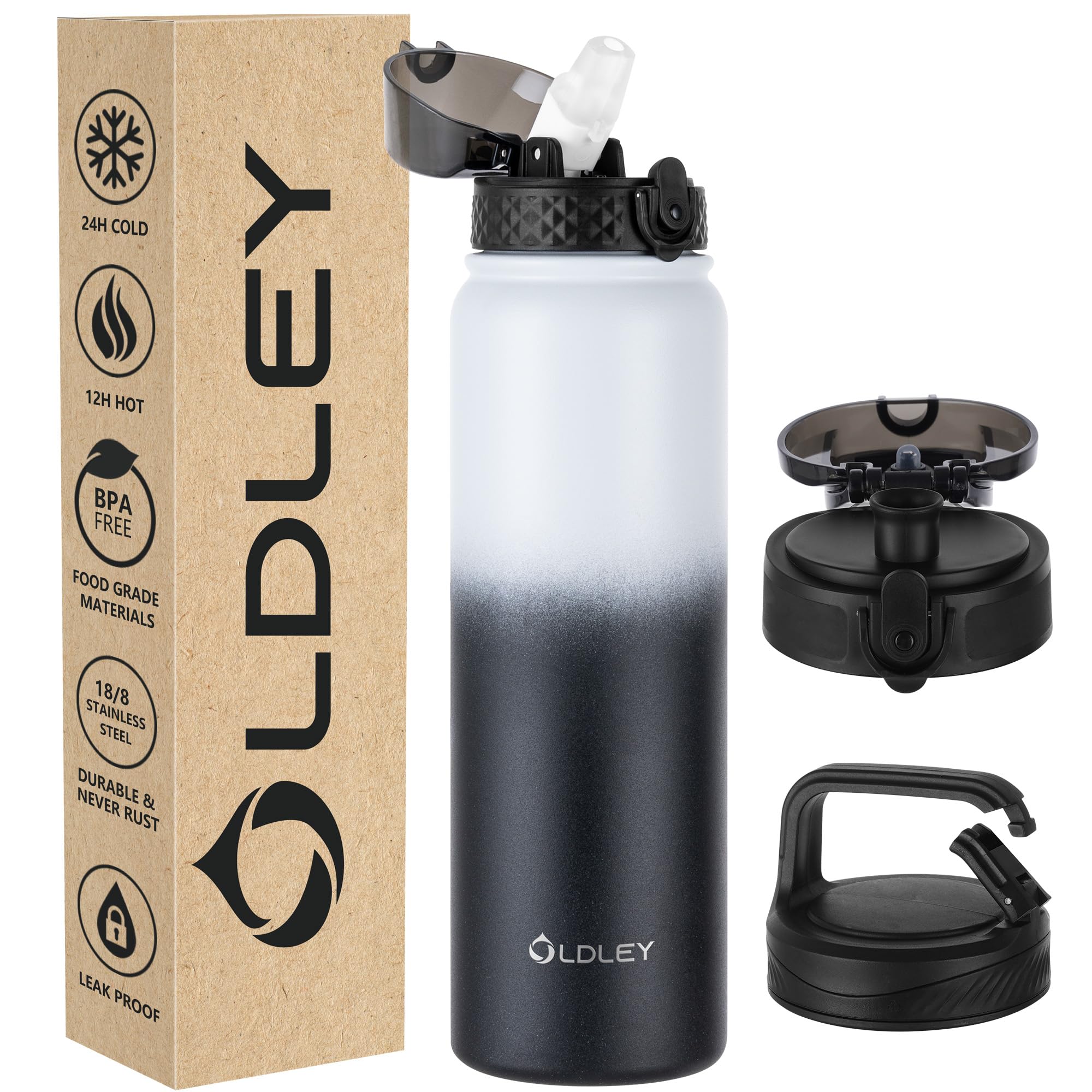 OLDLEY Stainless Steel Water Bottle with Straw 1L Vaccum Insulated Large Drink Flask Metal Water Bottles 1 Litre Leakproof Keep Drinks Hot Cold for Sports Gym with Different Lids(White Black, 3 Lids)