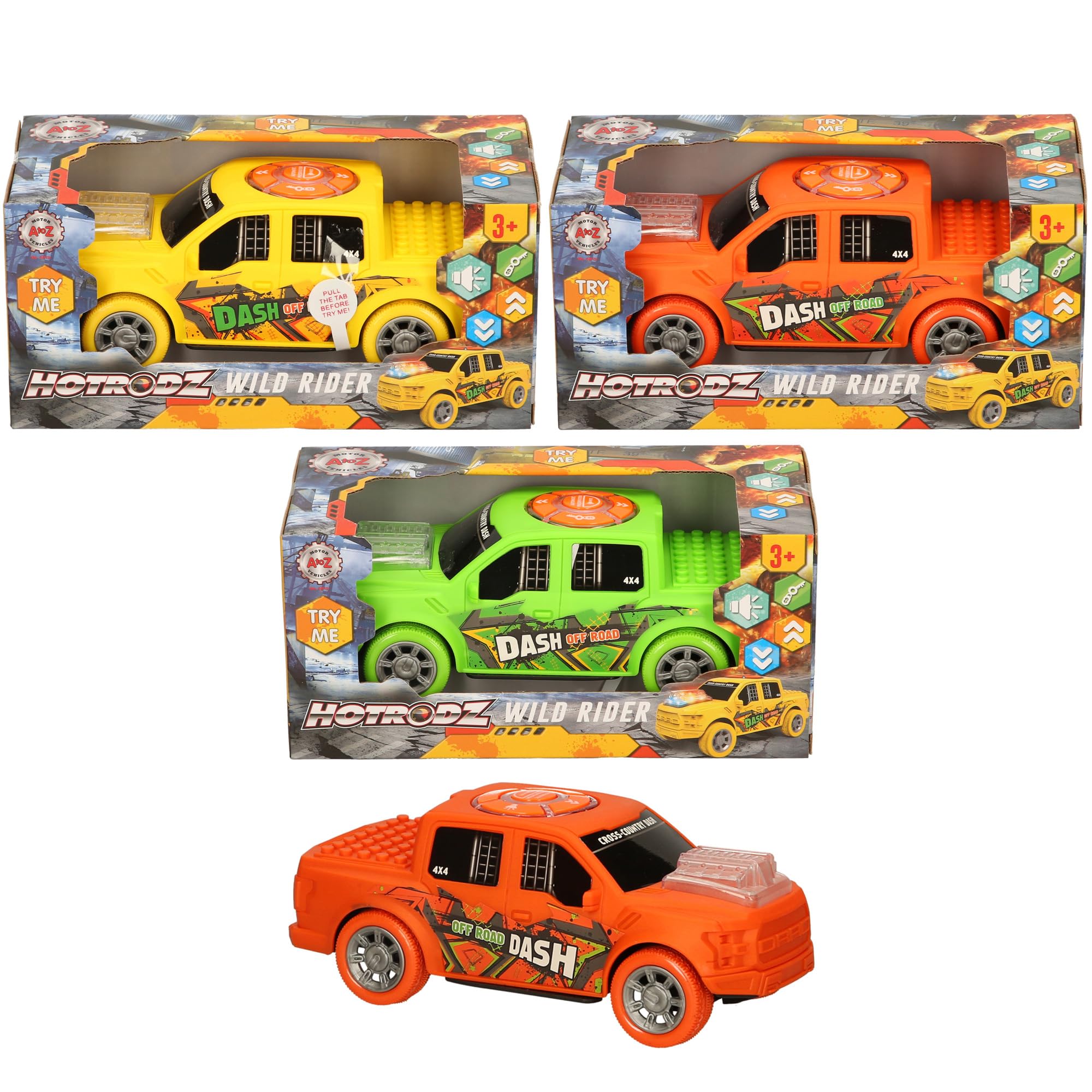 Hotrodz Wild Rider Off-Road Dash 4x4 Toy Car, Ages 3+, Available in Orange, Yellow, Green