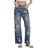 DAOAO Vintage Floral Jeans for Women 90s High Rise Wide Leg Casual Stretchy Denim Pants Trendy Pantalones De Mujer