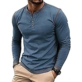 PEGENO Fitted Henley T-Shirt Long Sleeve Classic 3 Button Basic Tee Casual Men’s Top VG-Blue Large