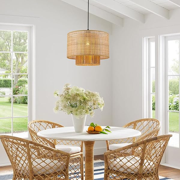 HUOKU 13.8” RATTAN DRUM CHANDELIER, 1-LIGHT BOHO DINING ROOM LIGHT FIXTURES FARMHOUSE PENDANT LIGHT HAND WOVEN LIGHTING FOR KITCHEN ISLAND LIVING ROOM BLACK