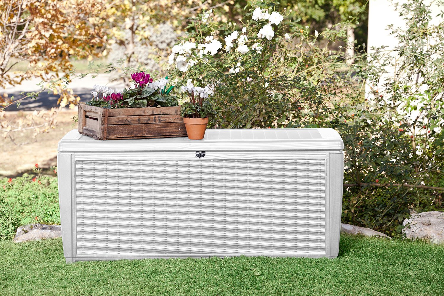 Tools White Keter Sumatra 135 gallon Outdoor Storage Rattan Deck Box Tools & Home Improvement