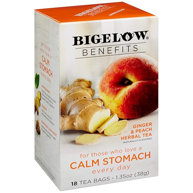 Amazon Com Bigelow Benefits Calm Stomach Ginger Peach Herbal Tea Bags 18 Count Box Pack Of 6 Caffeine Free Herbal Tea 108 Tea Bags Total Grocery Gourmet Food