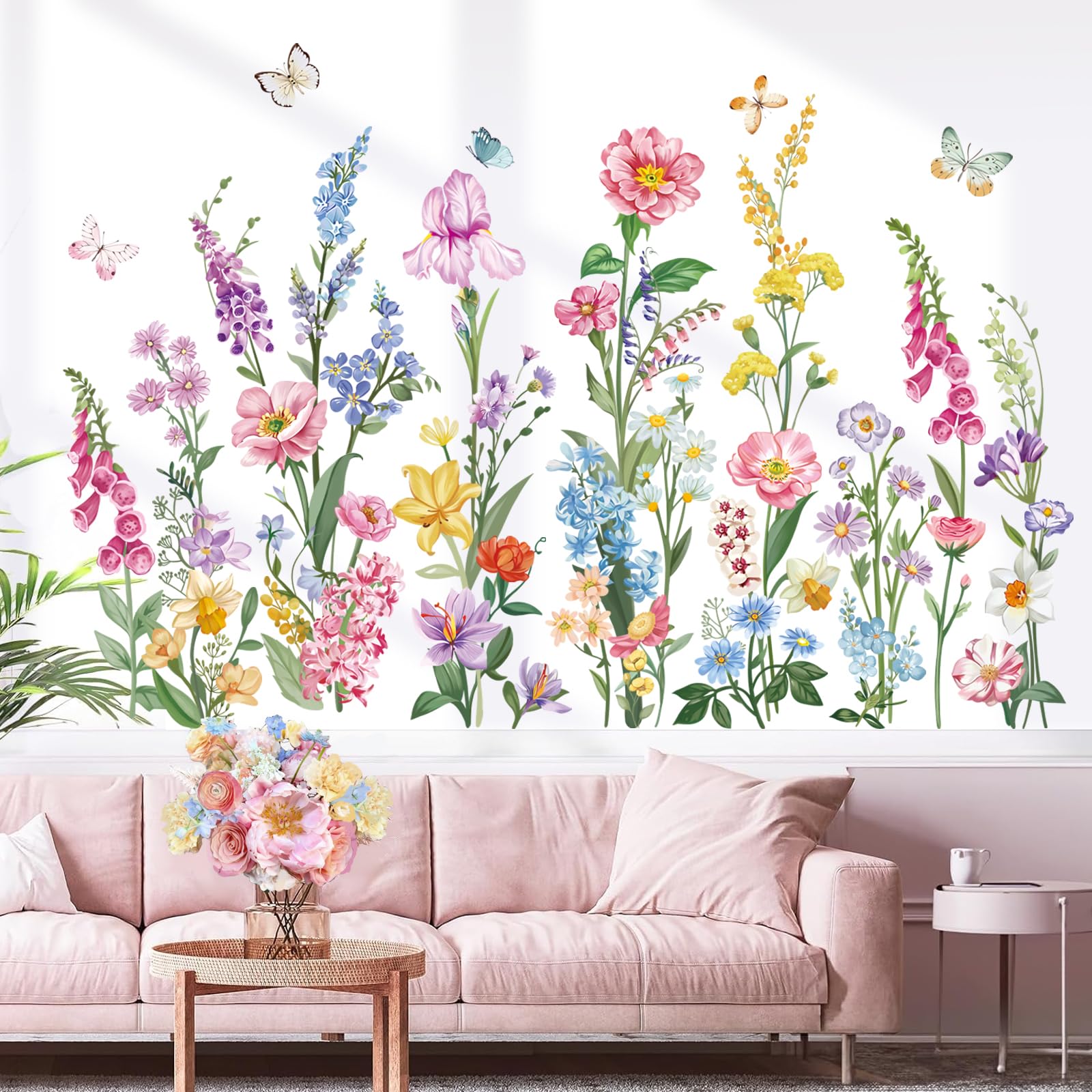 wondever Garden Flower Wall Stickers Wildflower Iris Daisy Floral Butterflies Peel and Stick Wall Art Decals for Bedroom Living Room Sofa