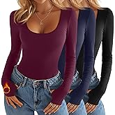 Oakgarden 3 Pack Women's Thermal Fleece Long Sleeve Tops, Scoop Neck Slim Fitted Knit Base Layer Undershirts with Thumb Hole
