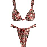 ZAFUL Bikini Sets for Women Triangle Bow Decor Ruffle Straps Lace up Swimsuit 2 Pieces High Cut Bathing Suits