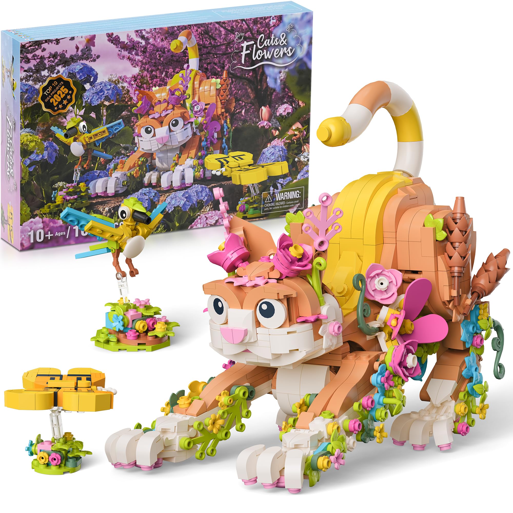 IKUPER Cat Building Set with Flowers, Animal Kit for Kids Aged 10+, Boys & Girls Botanical Toy, for Christmas, Birthdays, Valentine and Easter (1038 Pieces)