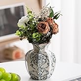 Blue and White Vase, Vintage Blue Ceramic Flower Vessel,Ceramic vases for Home Decor,Vintage Green and Beige for Console Table Mantle Chinoiserie Decor (Retro-03, Small)