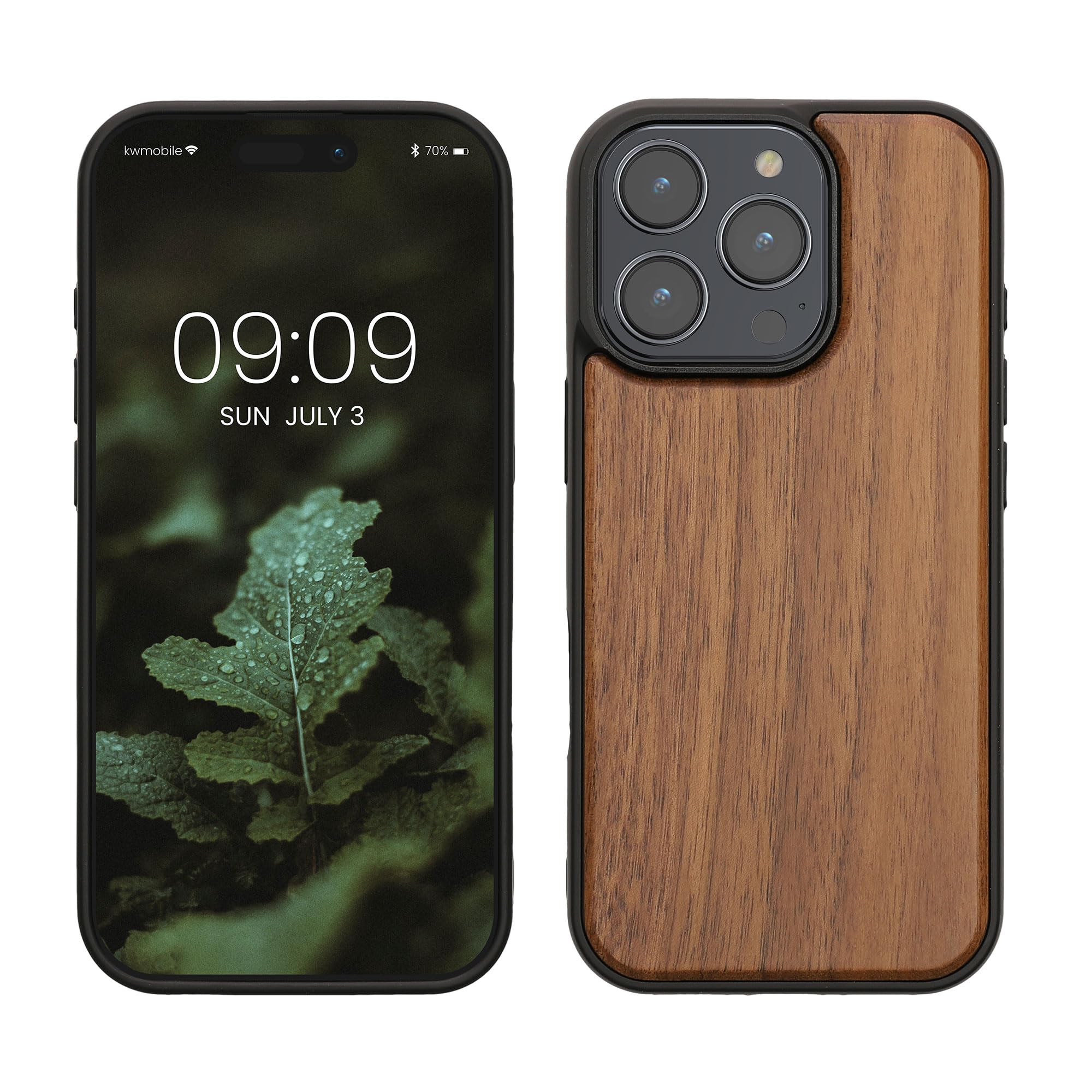 kwmobile Real Wood Case Compatible with Apple iPhone 16 Pro Case - Hard Wooden Cover w/TPU Bumper - Dark Brown