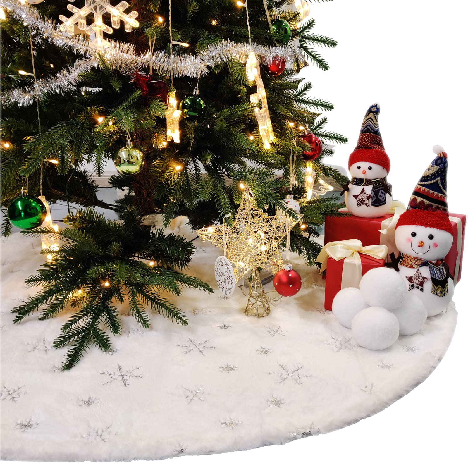 Climafusion Christmas Tree Skirt, 122cm / 48 Inch Large White Christmas Tree Skirt Decorations with Silver Snowflake, Xmas Faux Fur Tree Skirt, Christmas Decorations for Holiday Tree Ornaments
