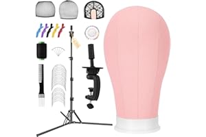 Yofuly 22'' Canvas Wig Head Set, Upgraded 63 Inch Tall Wig Stand Tripod with Mannequin Head, Canvas Block Head Wig Stand Set with Wig Caps, Table Clamp, Perfect for DIY Wig Making and Styling - Pink
