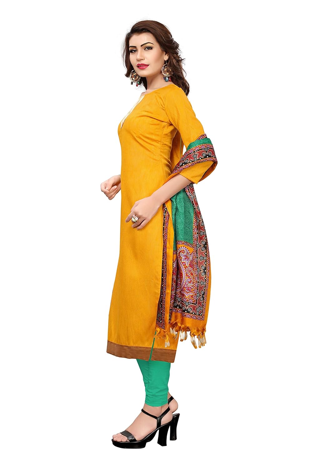 applecreation women's silk dress material(3006_yellow_free size)