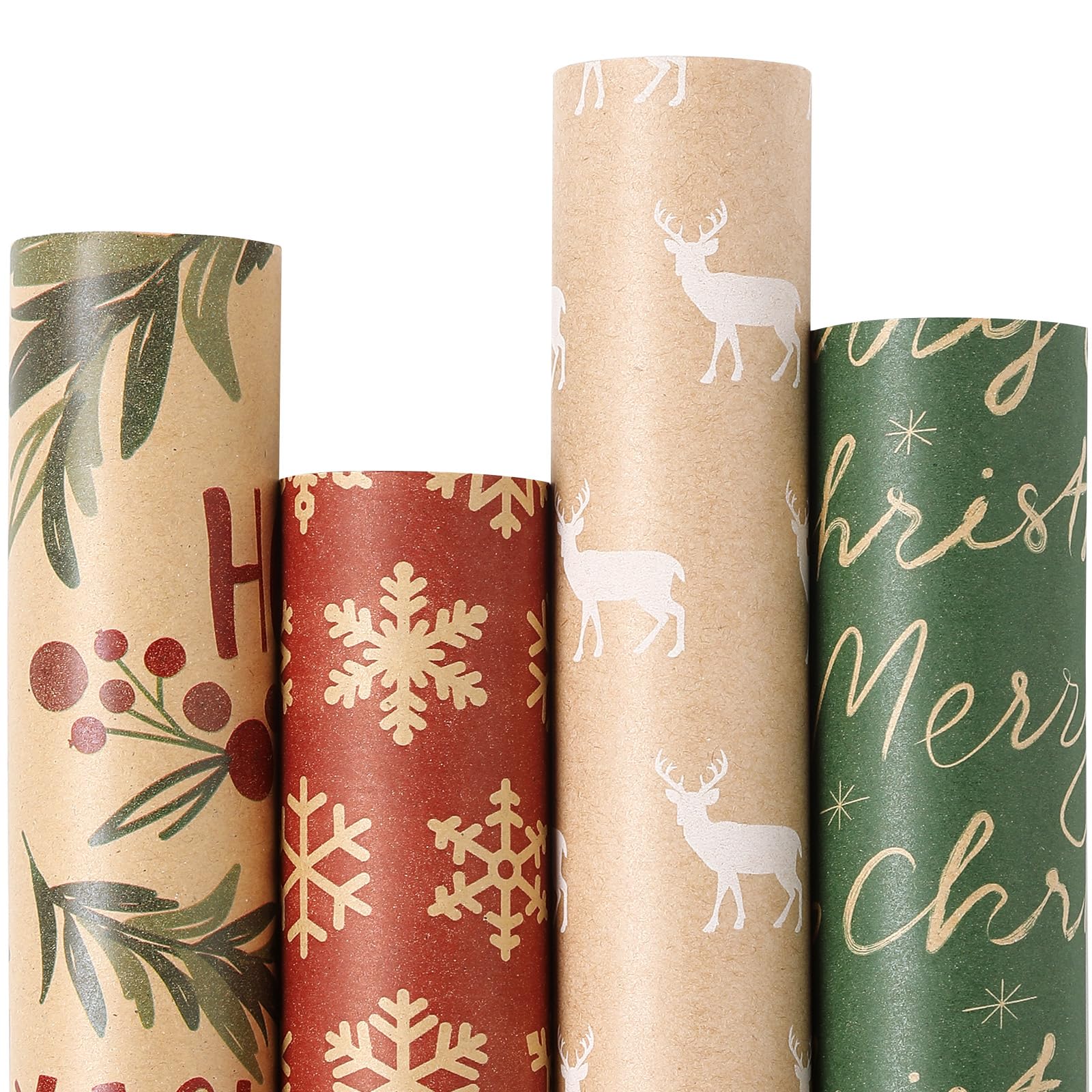 Photo 1 of ** FACTORY SEALED**
YANGTE Vintage Christmas Wrapping Paper - Brown Kraft Gift Wrap 4 Rolls, 17x120 Inch, Holiday Paper with Classic Red and Green Patterns for Xmas Gifts
