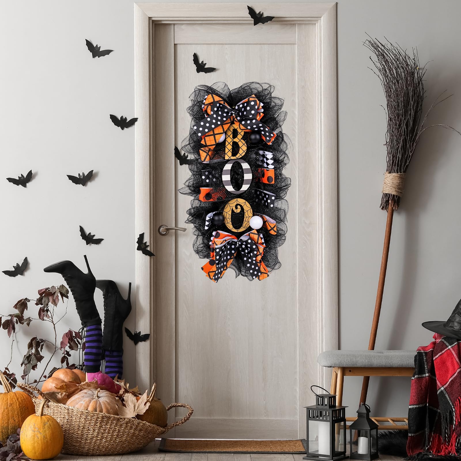 Photo 1 of 22 Inch Halloween Wreaths Halloween Boo Wreath with Ribbon Artificial Garland for Holiday Decorations Indoor Outdoor Party Supplies