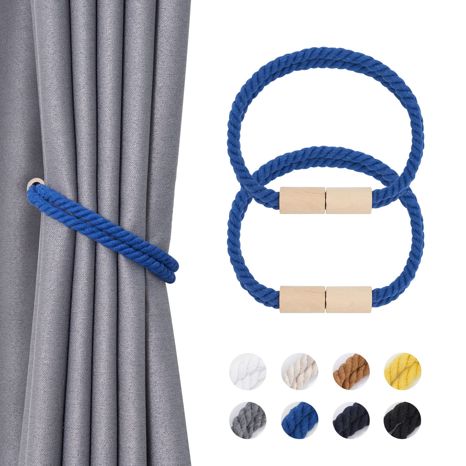 Pretty Jolly 2 Pack Wooden Magnetic Curtain Tiebacks Boho Decoration Drape Tie Backs Natural Cotton Handmade Double Rope Curtain Holdbacks for Thin & Thick Home Office Window Drapery (New Light Blue)