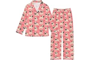 JHKKU Pug Heart Pajamas Set 2 Piece Satin Silky Long Sleeve Pjs Button-Down Lounge Sleepwear