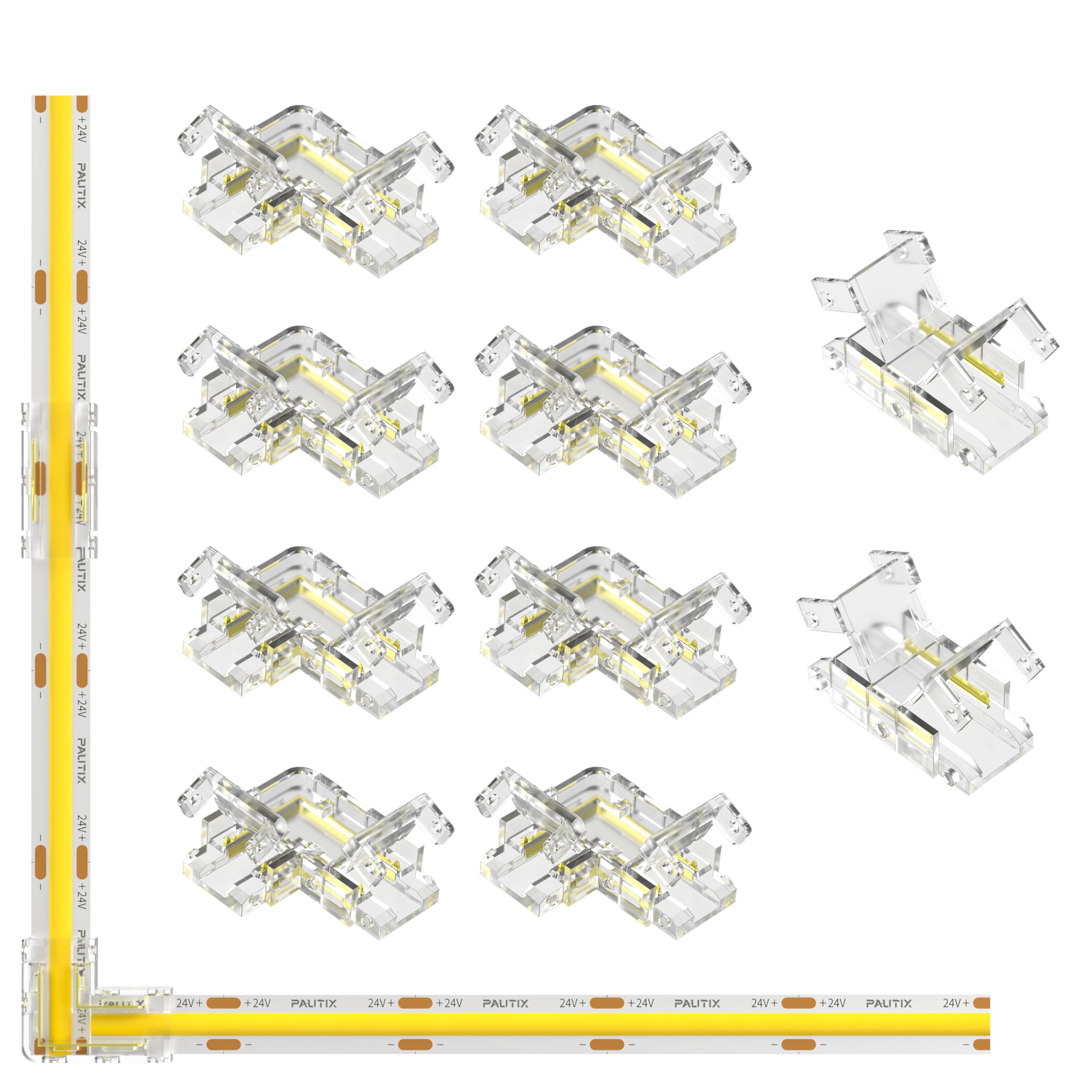 PAUTIX COB LED Strip Connector Set - 8 L Shape Corner and 2 Clear Center Connectors for 8mm Width 2Pin LED Strips (NOT for 5mm & 10mm Tape Lights)