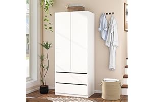 Mhsatyrs White Armoire Wardrobe Closet with 2 Doors, 75" Bedroom Wardrobe Closet for Hanging Clothes, Modern Wood Storage Closets Cabinet with System (A-Style, 31.5")