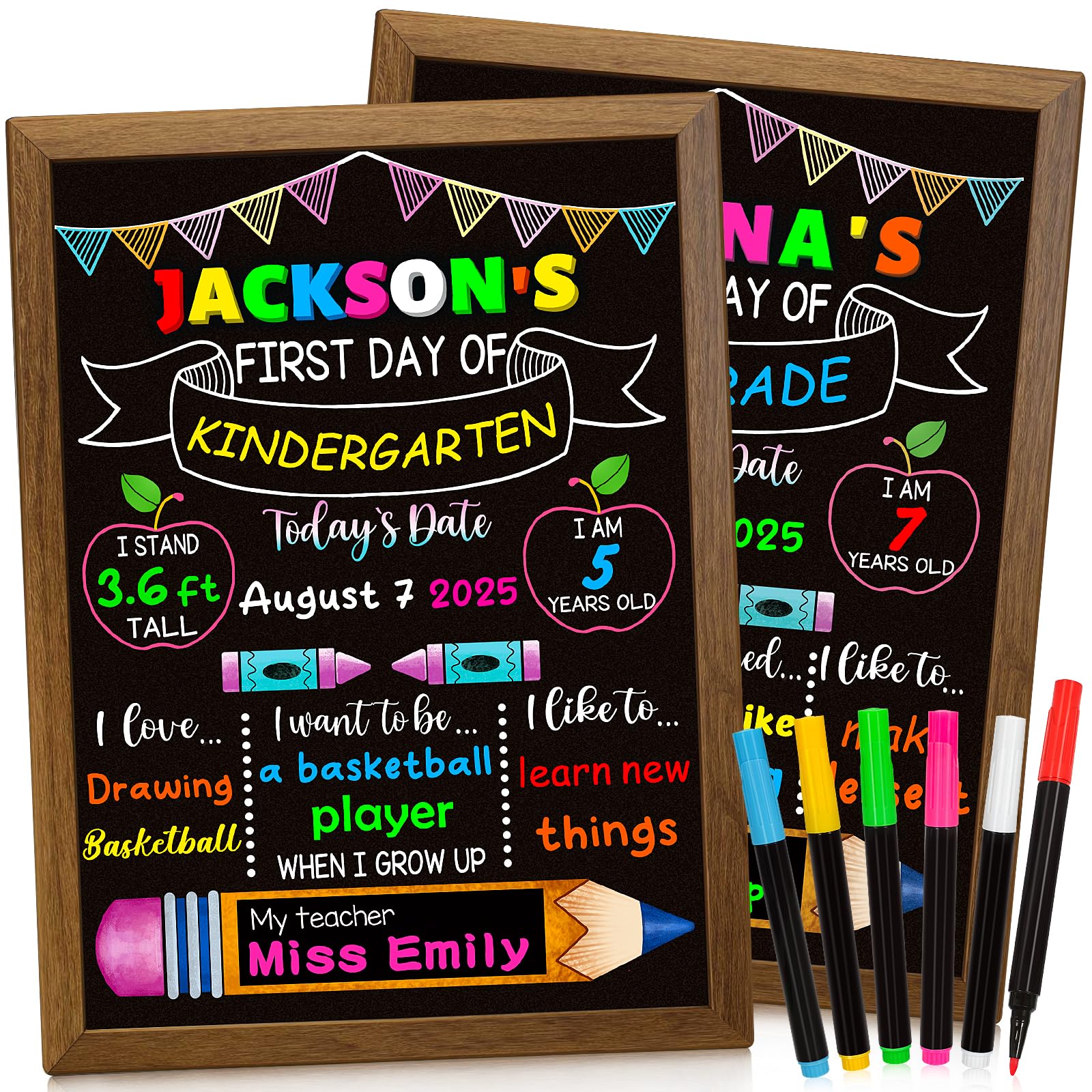 Photo 1 of Double-Sided First Day and Last Day of School Board Sign with 6 Colorful Markers,14x12 Inch Reusable Chalkboard, First & Last Day Photo Prop for Kindergarten Preschool Elementary Kids