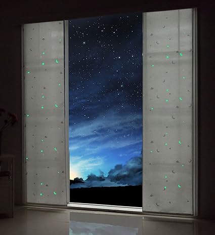 Gardinenbox Flächenvorhang Blickdicht Motiv Sterne Monde fluoreszierend Kinder Kids Paneelwagen Weiß 2 Stück 245x60 (Höhe x B