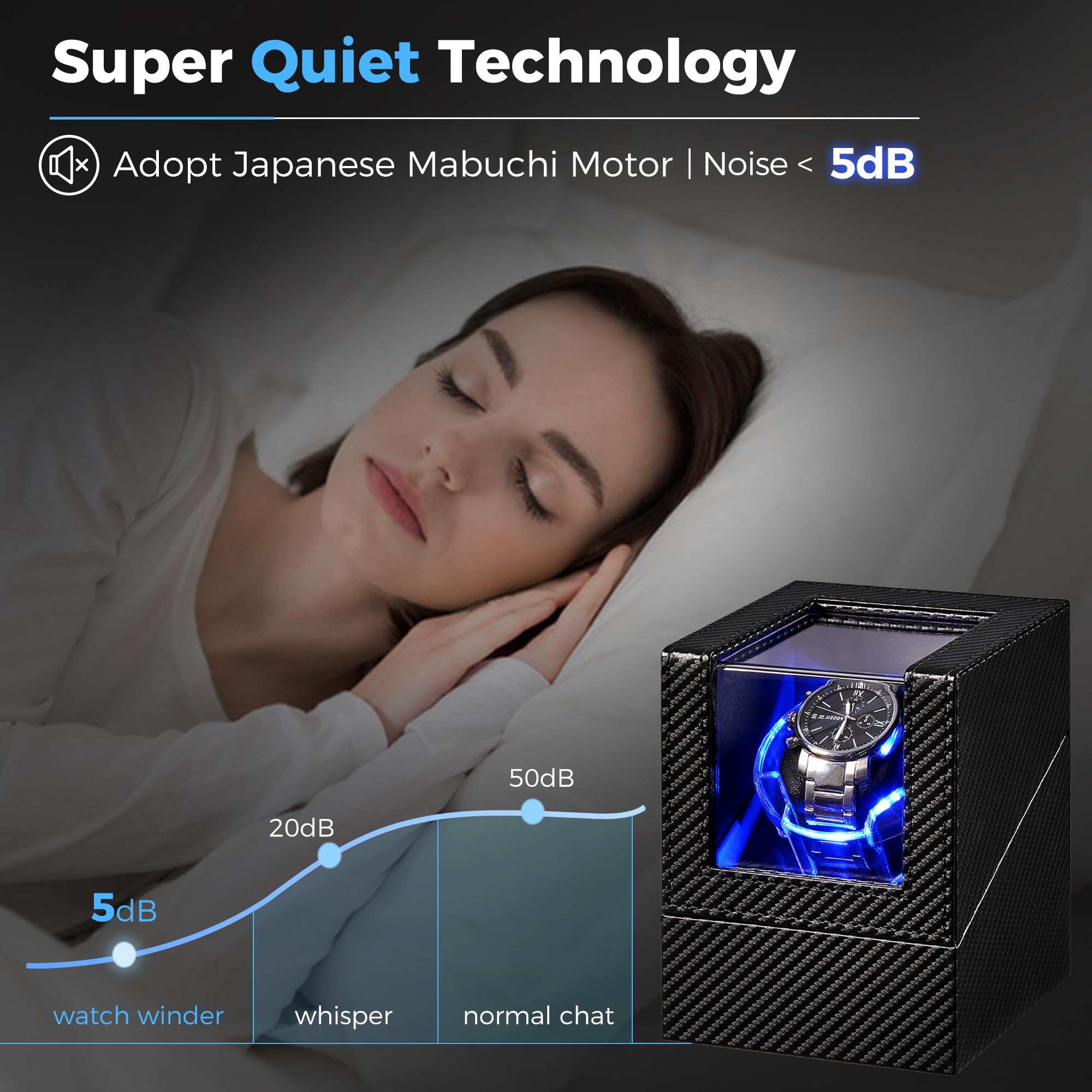 ANWBROAD ANWBROAD Watch Winder for Automatic Watches, 4 Modes Double Automatic Watch Winder box with LED Crystal Design, Rotating Watch Case with Super Quiet Motor with Type-C Adapter