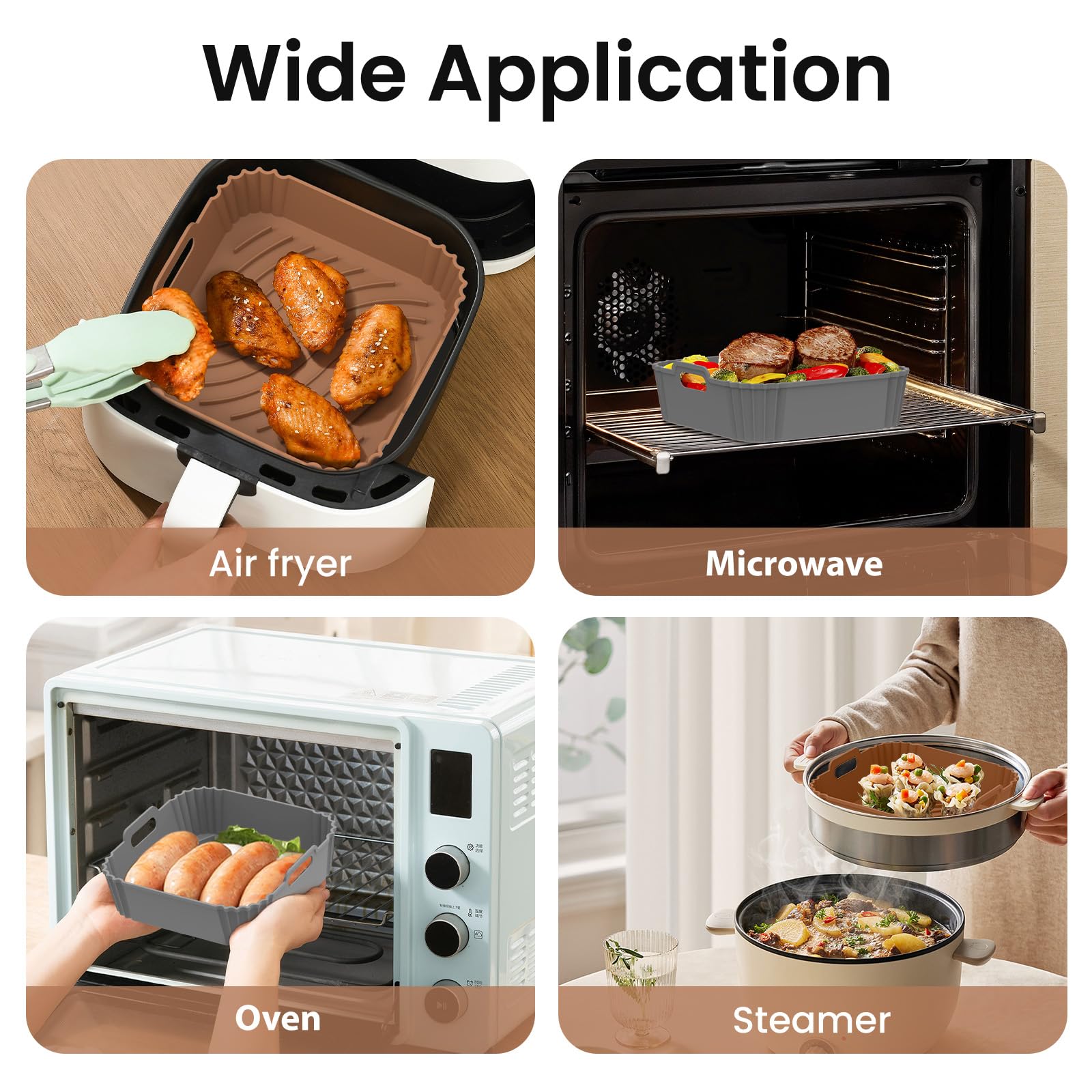 Redfly 2 Pack Silicone Air Fryer Liners, Square Reusable Non-Stick Basket Inserts for 4-5 QT Air Fryers, Dishwasher Safe Parchment Paper Replacement Accessories Brown & Gray