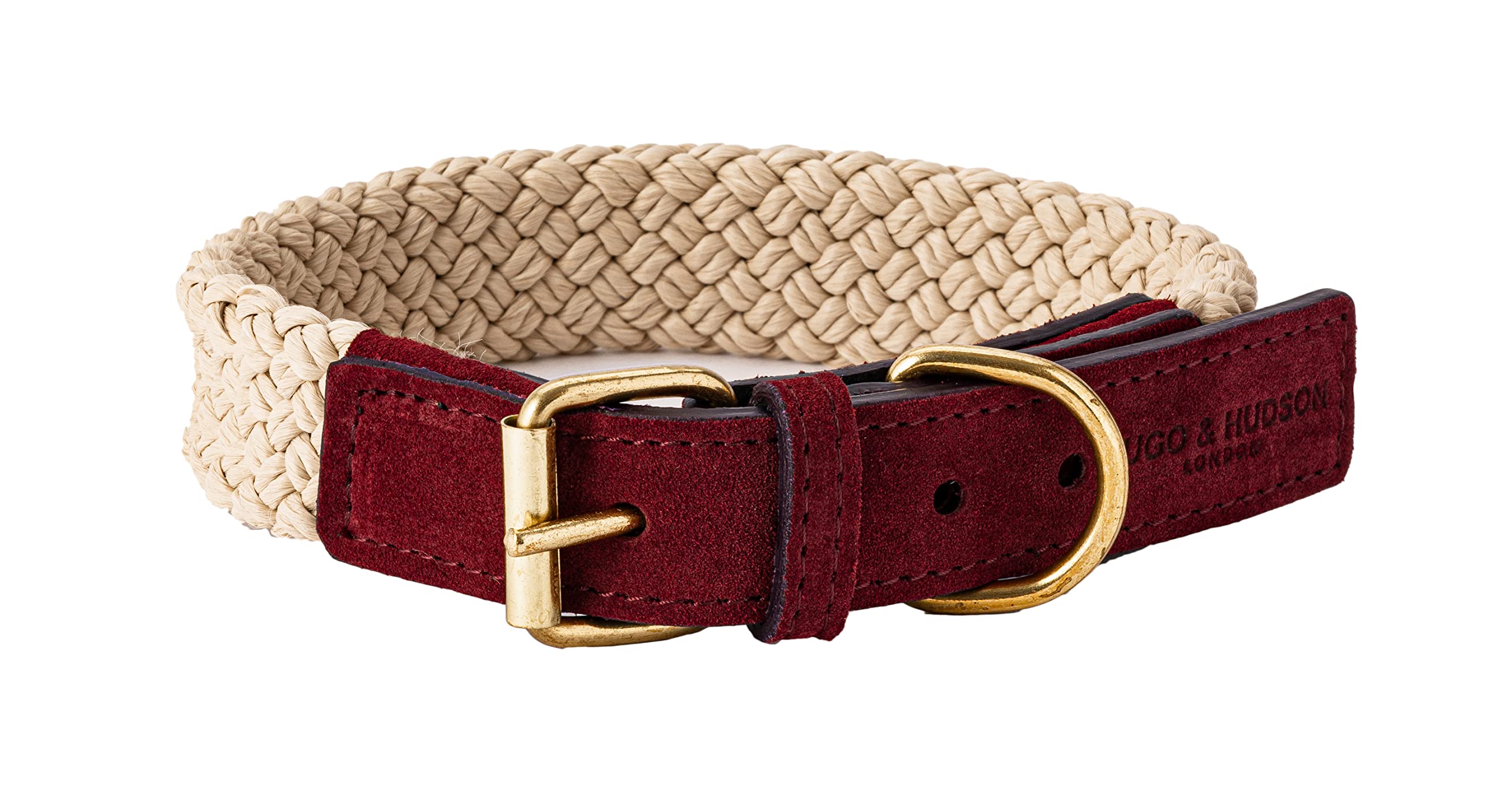 HUGO & HUDSON Luxury Dog Collar, Flat Rope and Leather with Adjustable Metal Buckle, Burgundy 40cm
