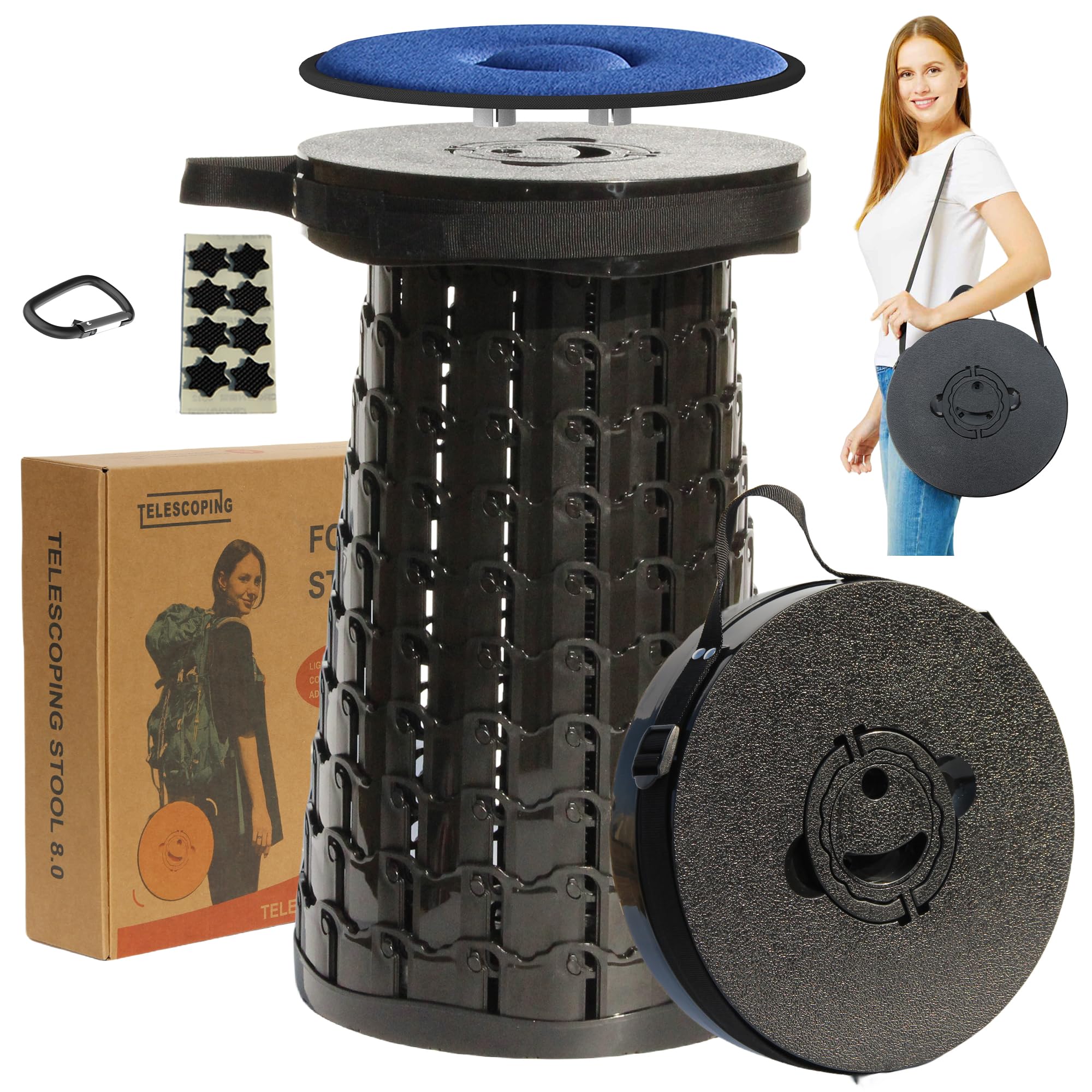 ALEVMOOM Upgraded XXL 50CM Collapsible Stool with Cushion, Telescopic Folding Stools for Adults Max Load 450KG, Retractable Portable Seat for Camping Fishing Hiking BBQ Outdoors