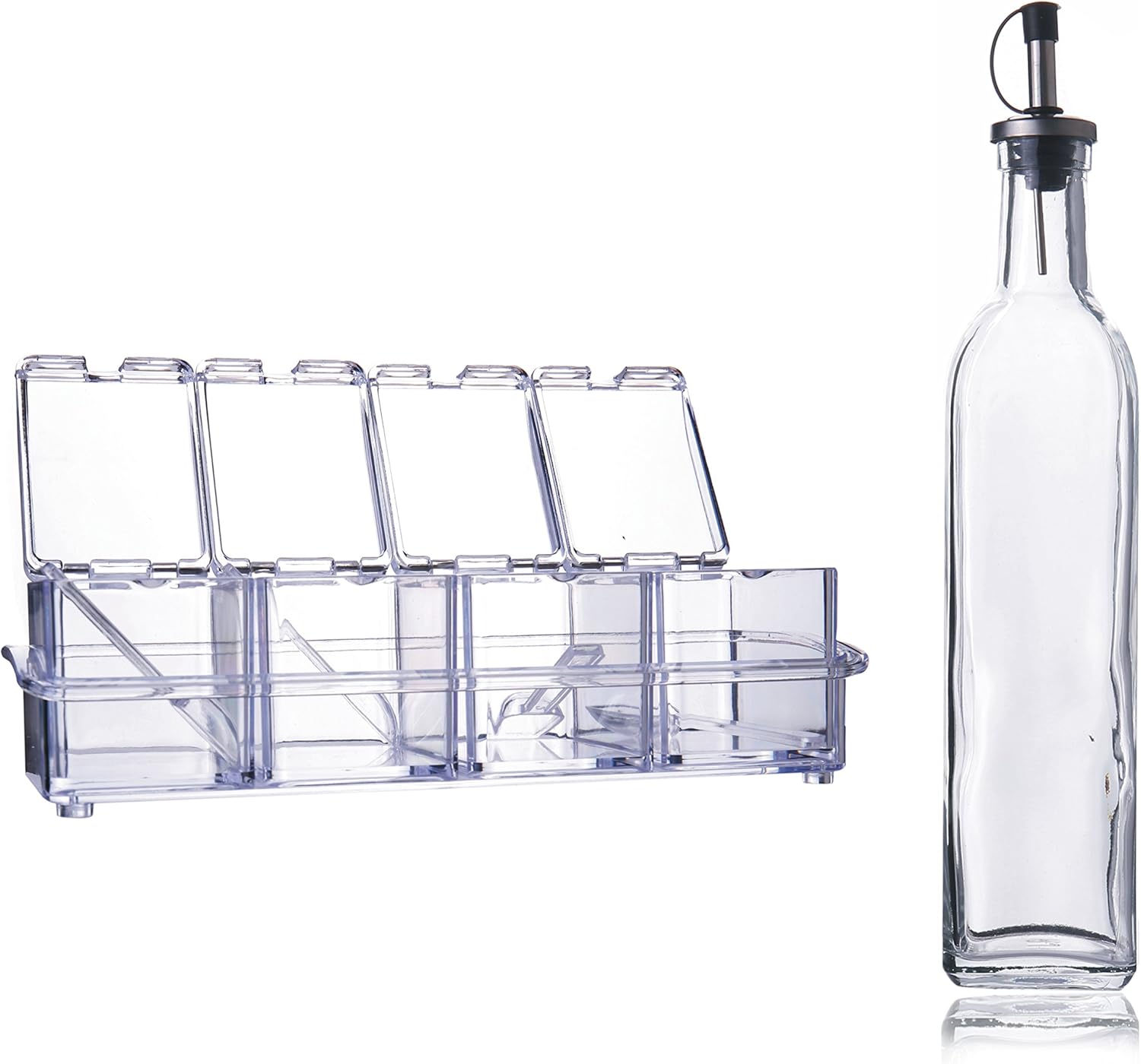 PMLAND 4 Premium Quality Food Grade Acrylic Condiment Spice Jars Serving Spoons in Organizer Tray,16 oz Oil and Vinegar Cruet Set