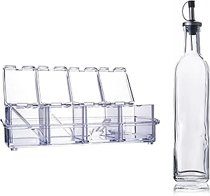 PMLAND 4 Premium Quality Food Grade Acrylic Condiment Spice Jars Serving Spoons in Organizer Tray,16 oz Oil and Vinegar Cruet Set