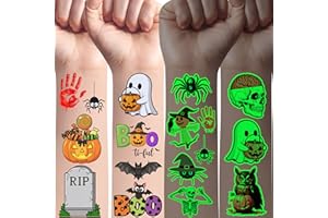 BACKTOPEIA Glow In Dark Halloween Temporary Tattoos | Luminous Halloween Decorations Accessories Party Favors Supplies Trick Or Treat Décor Skull Skeleton Pumpkin Bat Owl Ghost Gift Idea For Kis Teen Adult-60Pcs