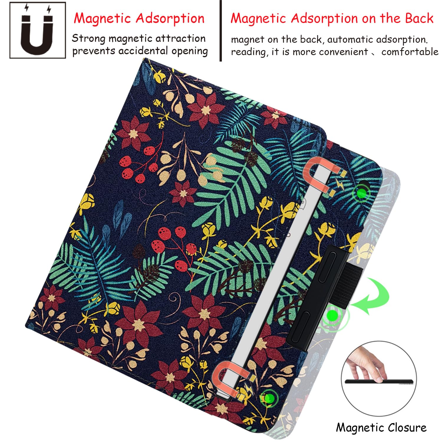 Double Stand Case for 7'' Kobo Libra Colour/Libra 2 Cover with Auto Sleep&Wake/Double Hand Strap/Magnetic Closure fits Kobo Libra e-Reader (Jungle Flower)