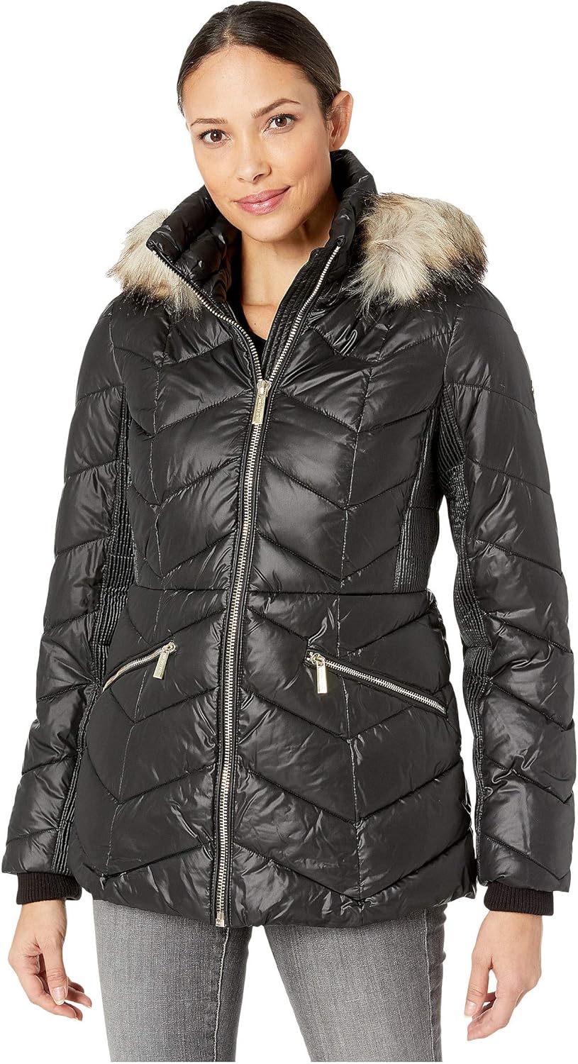 michael kors coat hooded faux fur trim down
