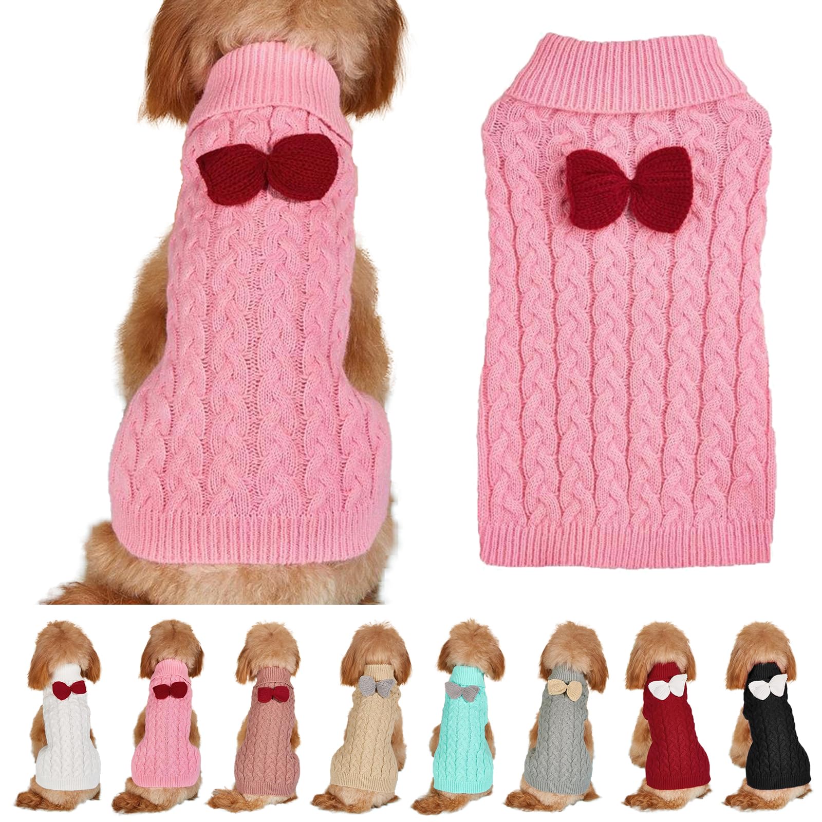 Pawfect Pink Dog & Cat Turtleneck Sweater - Warm Knit Pullover for Small to Large Pets - Bow Detail, Perfect for Winter & Christmas