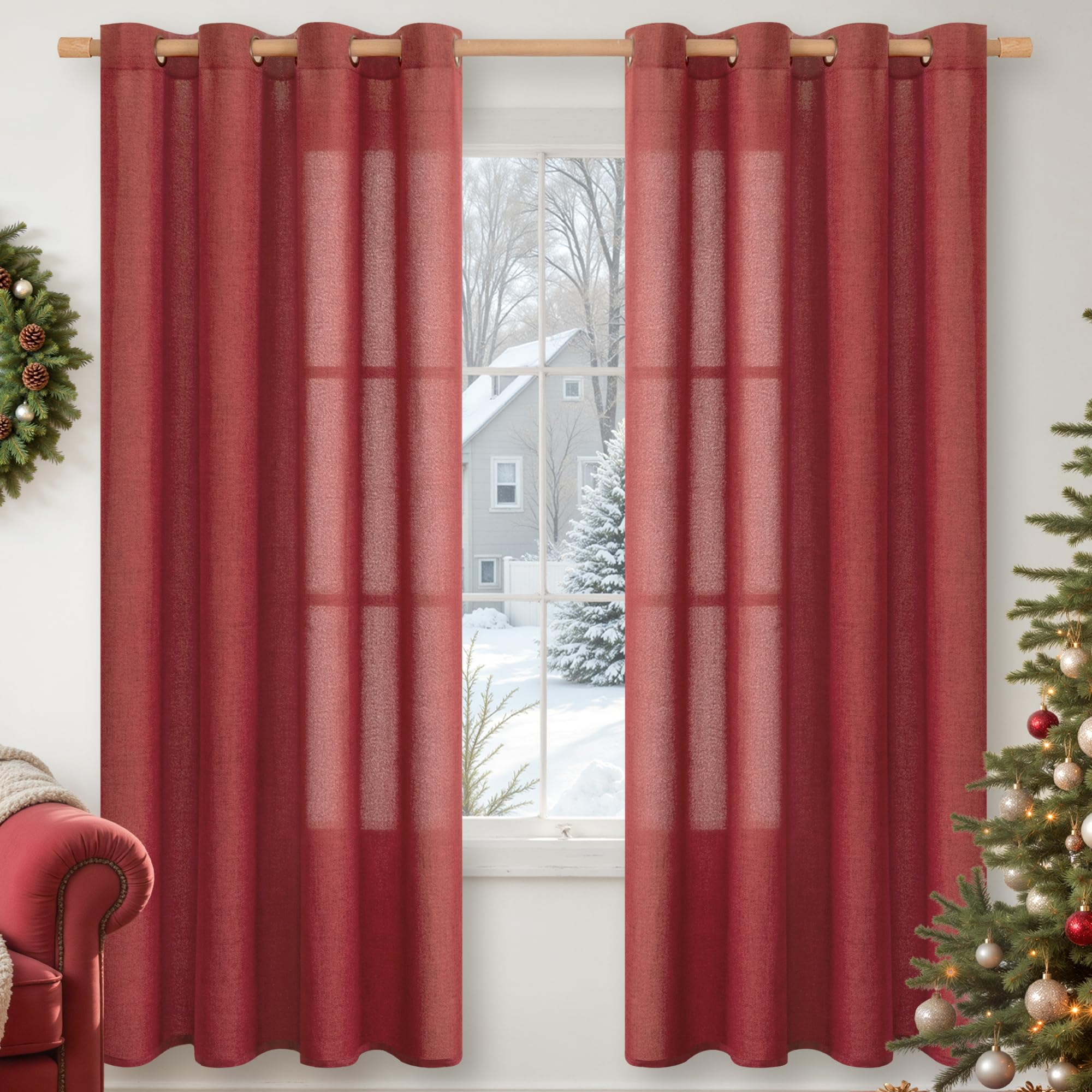 YoungsTex Red Linen Curtains 72 Inch Length for Living Room, Light Filtering Window Drapes with Bronze Grommet Privacy for Dining Bedroom, 52 x 72 Inch, 2 Panels Image